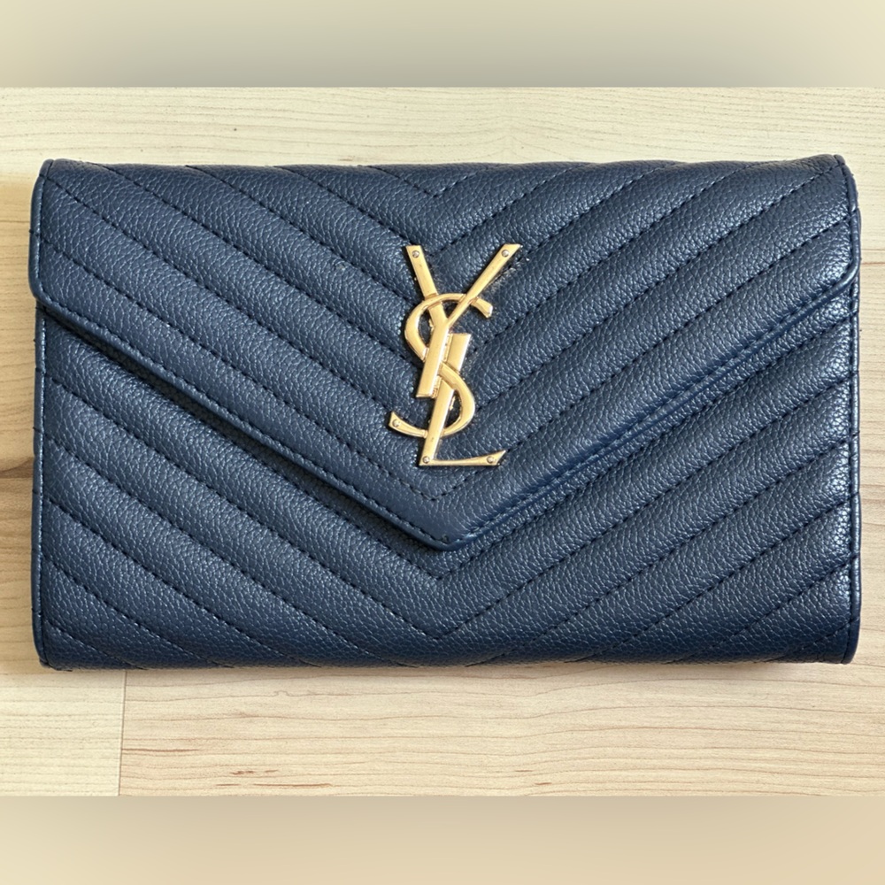 Yves Saint Laurent Blue and Gold Chevron Quilted Clutch